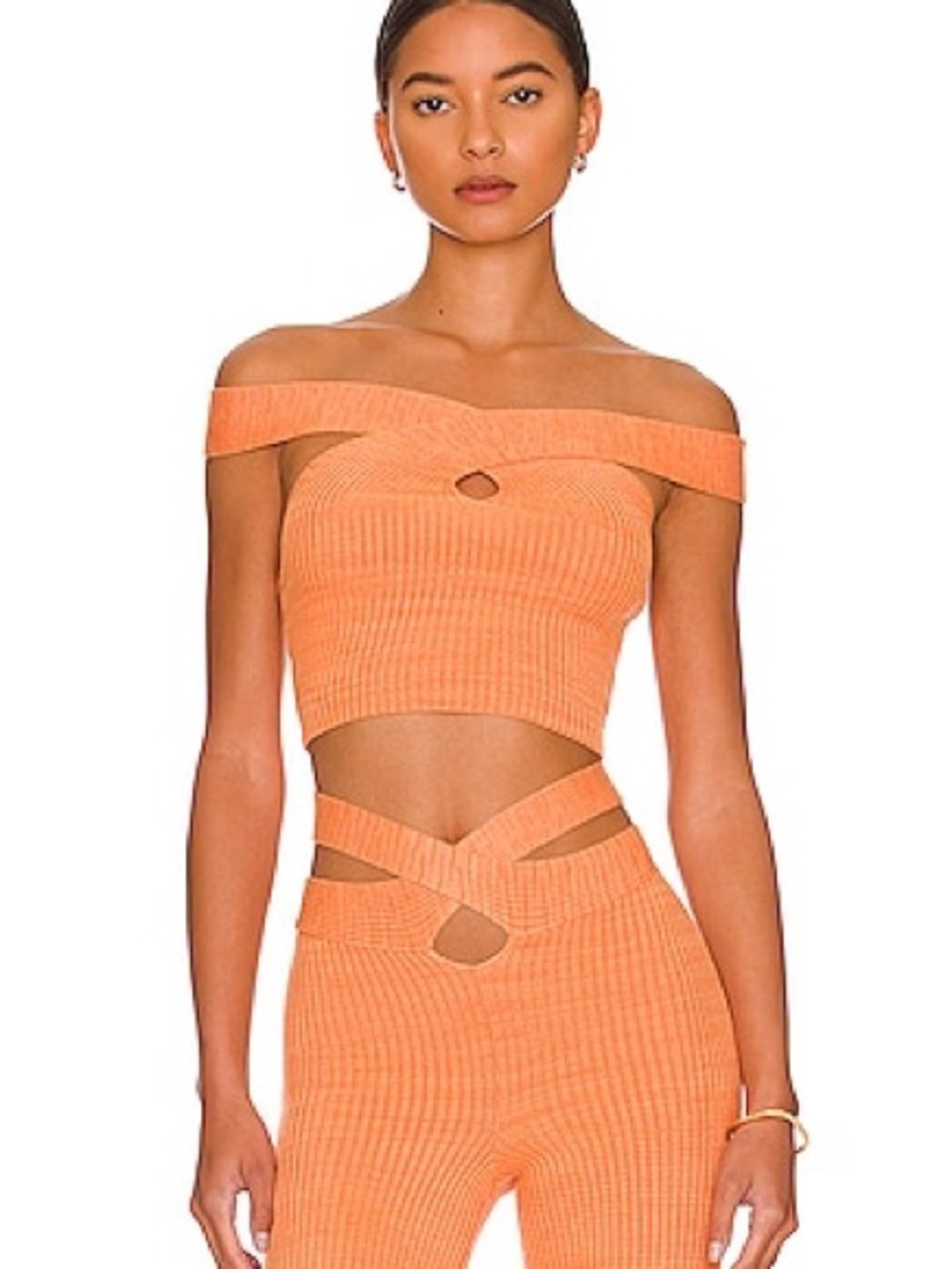 Cia Orange Ribbed Halter Top with Twist Detail S